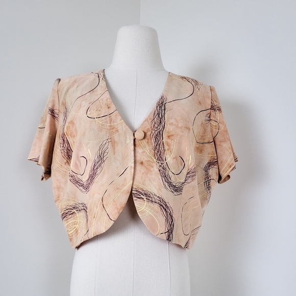 Tan Cropped Cardigan Shoulder Pads Single Button Closure Bolero Shawl Crop - Picture 8 of 10